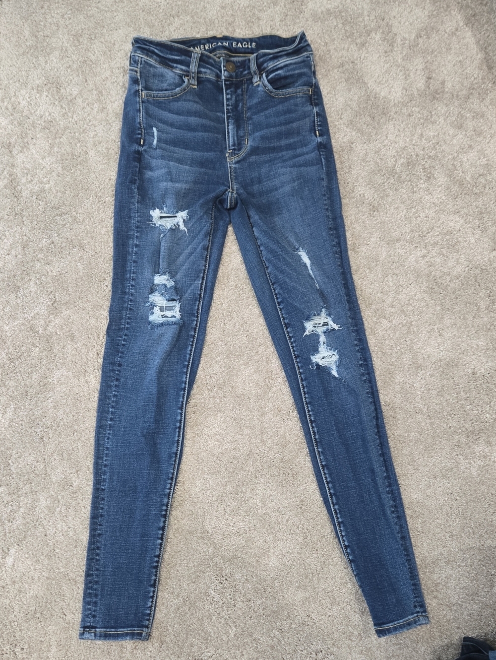 American Eagle Outfitters Dark Blue Distressed High-Rise Skinny Jeans